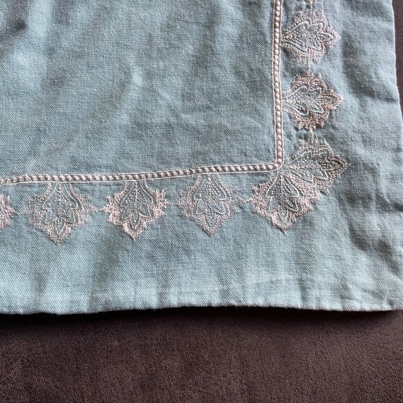 Vintage Light Blue Cotton Embroidered Pillow Cover With White Leaf Pattern & Hid - Picture 2 of 4